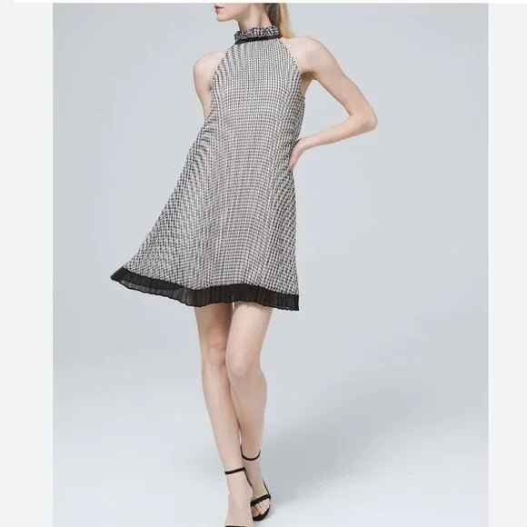 White House Black Market A Line Pleated Shift Sz 2 Gingham Halter Smocked  Back